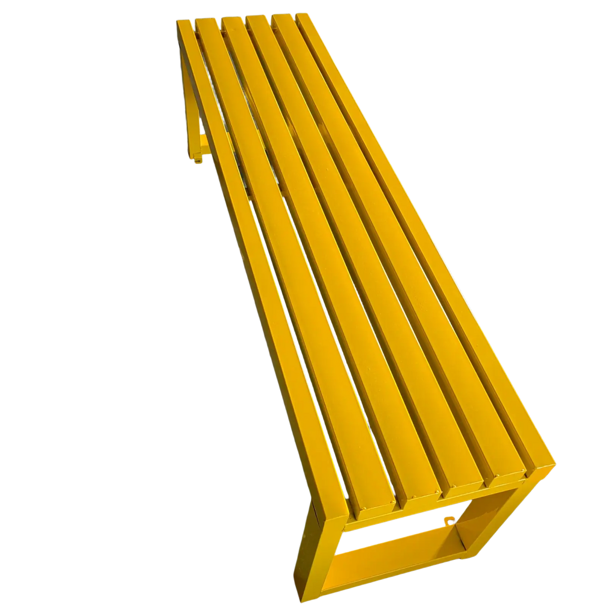 Bright yellow modern outdoor metal park bench with slatted seating and a sturdy frame for durable use