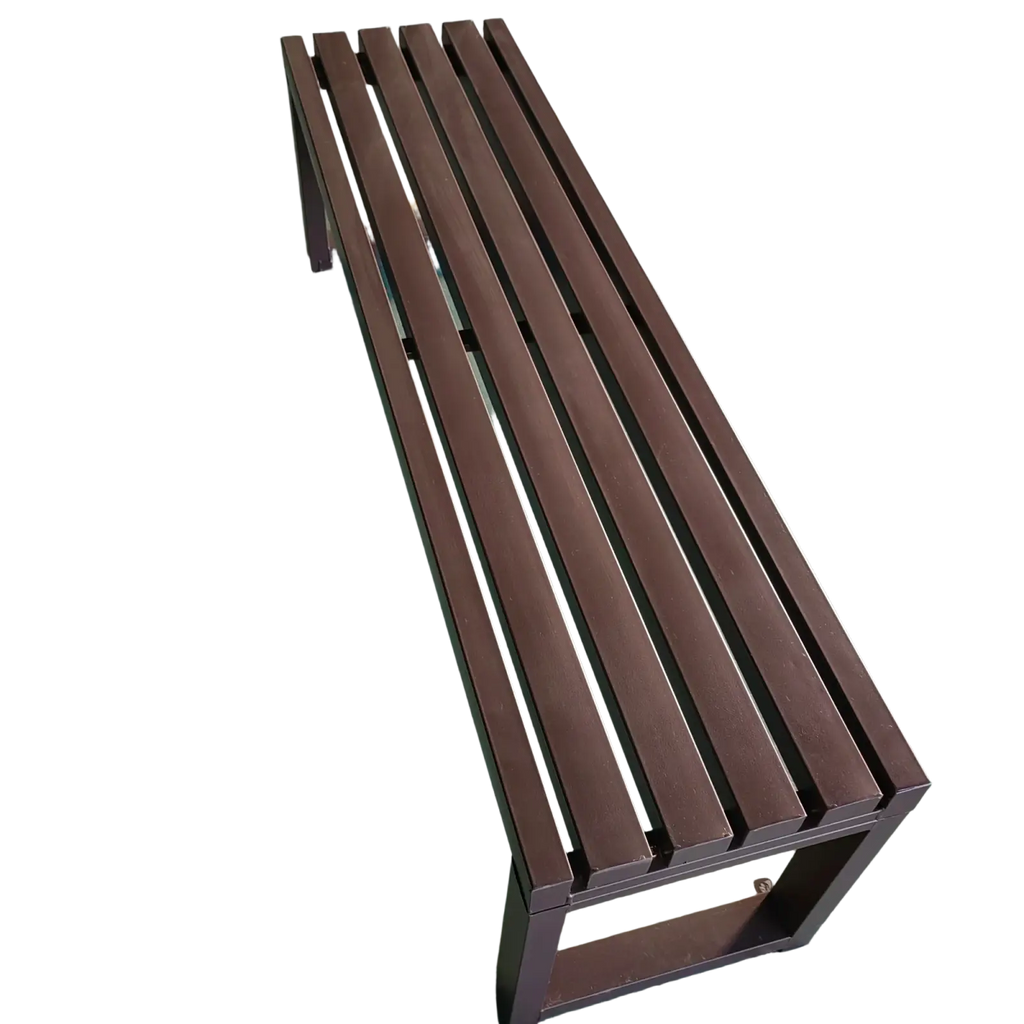 Dark brown modern outdoor metal park bench with slatted seating and sturdy frame for durable use