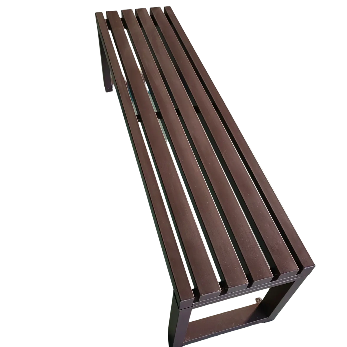 Dark brown modern outdoor metal park bench with slatted seating and sturdy frame for durable use