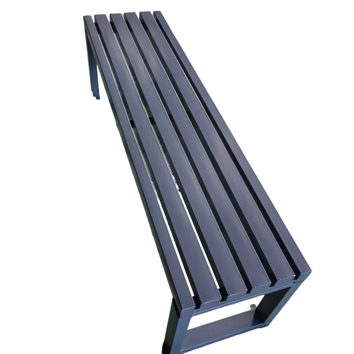 Modern outdoor metal park bench in dark gray with slatted seating and a sturdy metal frame for durability
