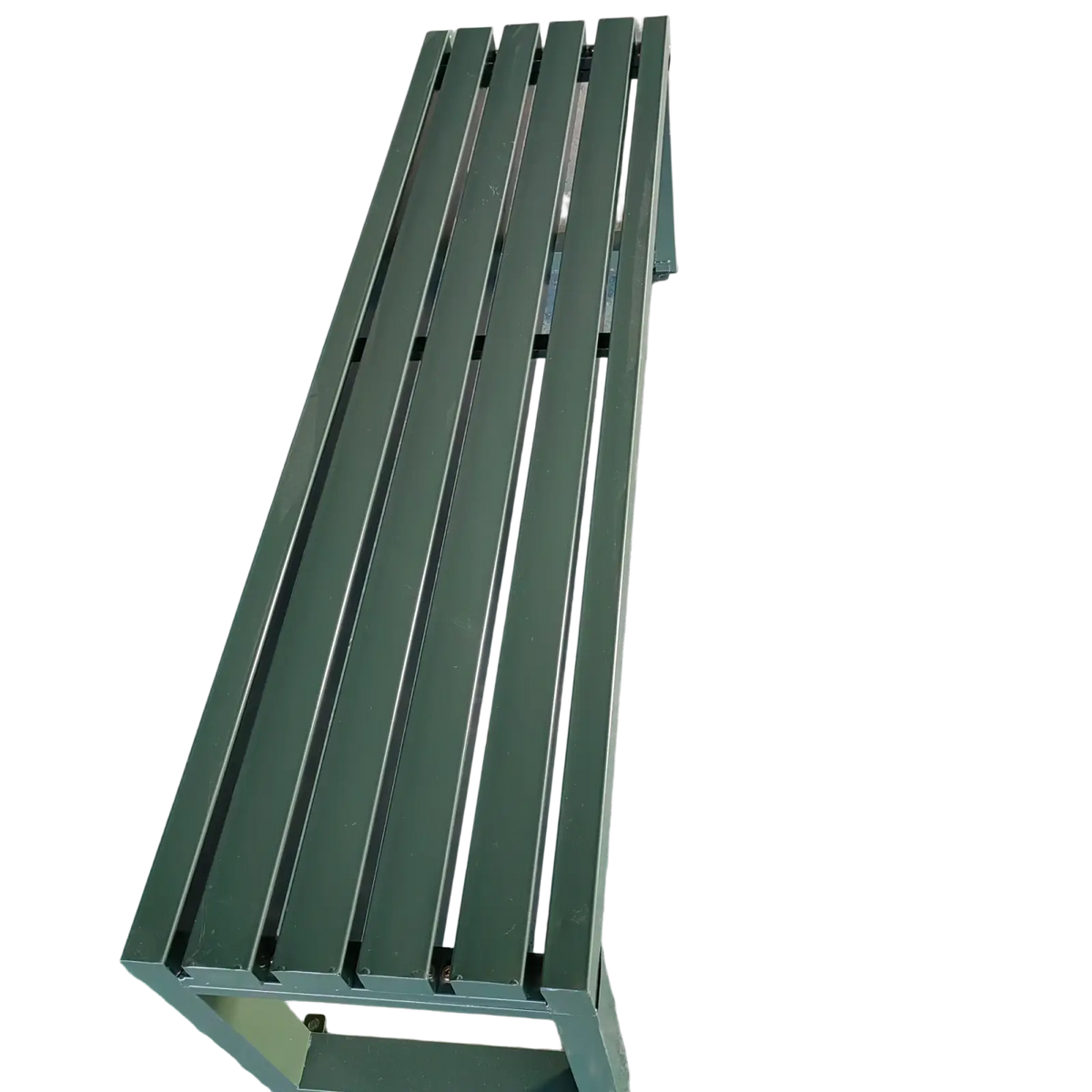 Modern outdoor metal park bench with dark green slatted seating and a simple sturdy frame for outdoor use