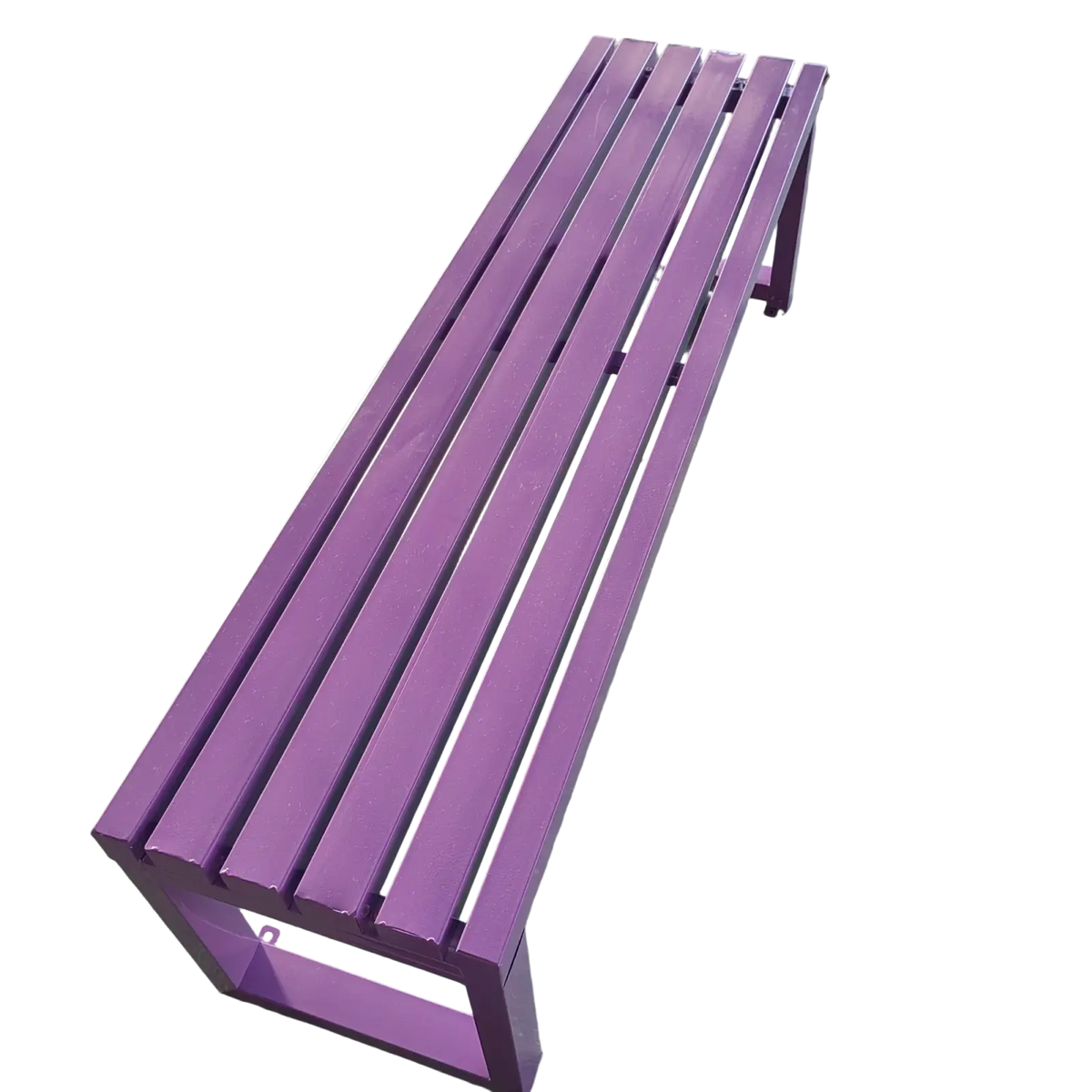 Modern outdoor metal park bench with slatted seating in purple featuring a simple and sleek design