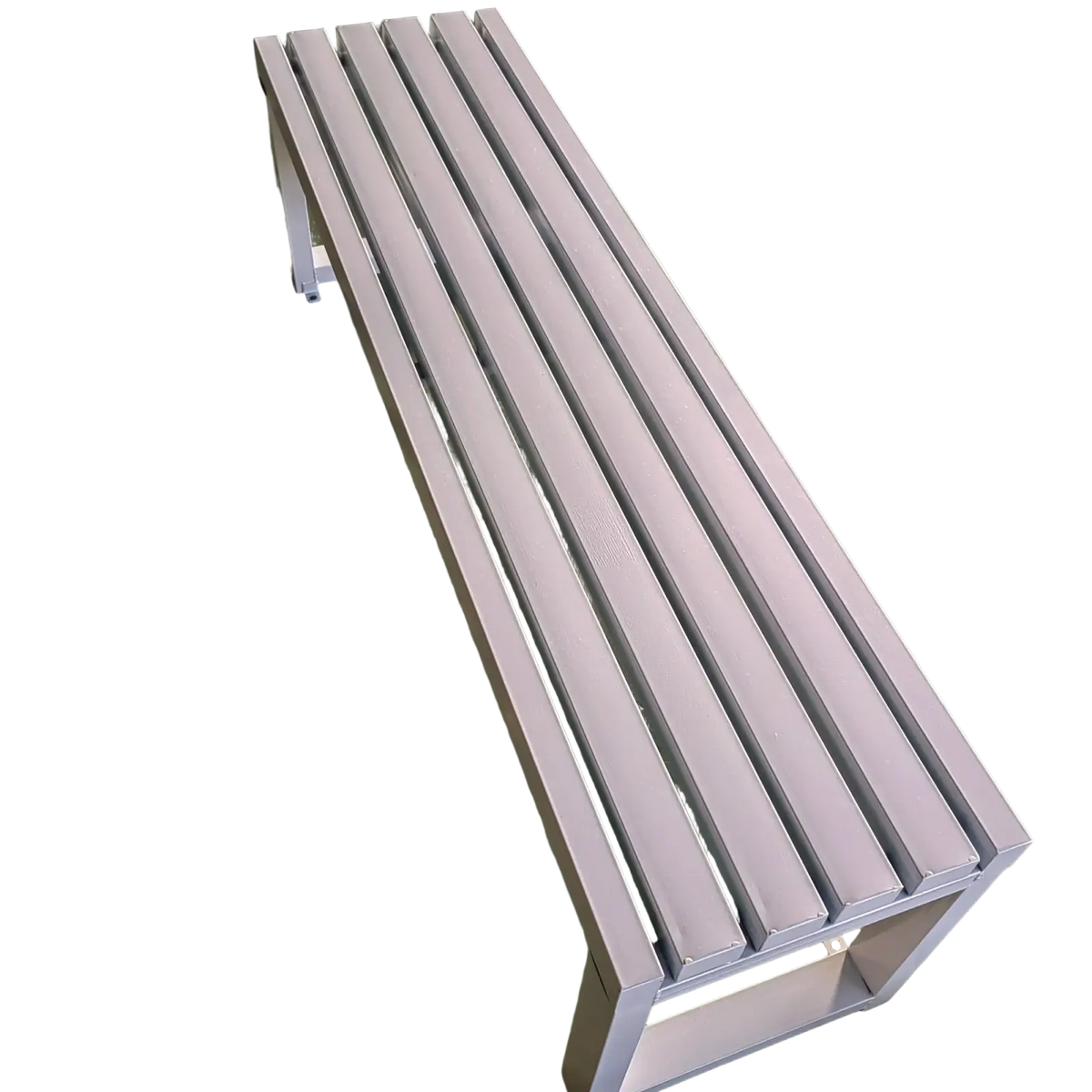 A modern outdoor metal park bench made of sleek aluminum with light gray slatted seating and minimalist design