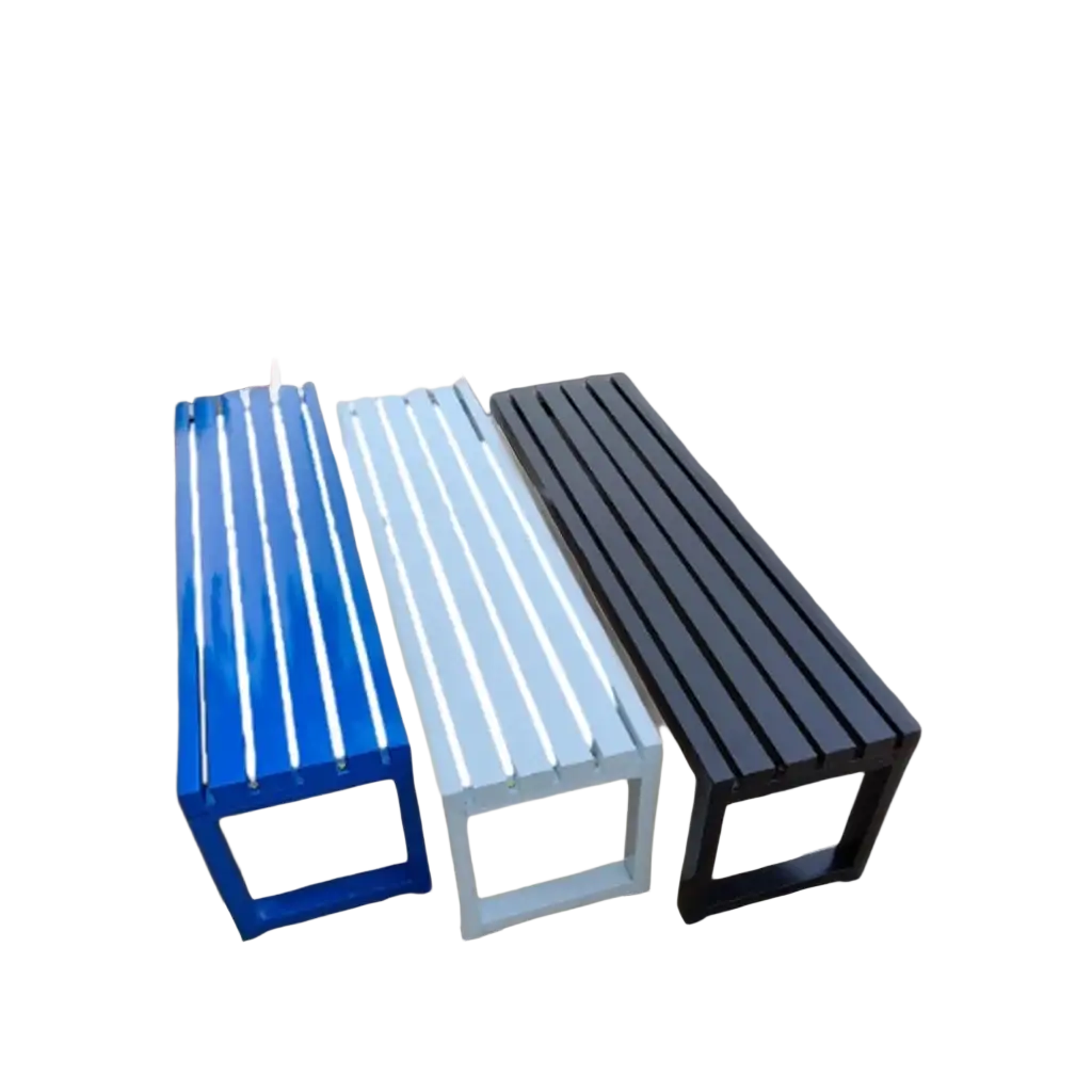 Modern outdoor metal park benches in vibrant blue gray and black with clean horizontal slats and minimalist frames