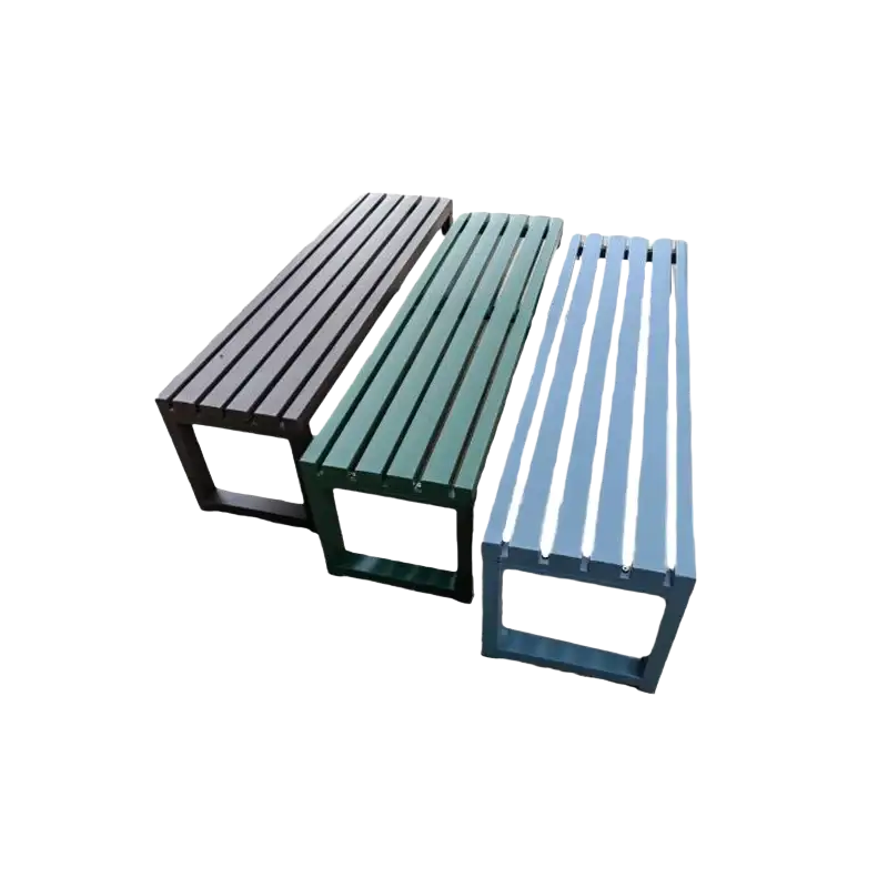 Three modern outdoor metal park benches with slatted wooden tops in black green and blue with sturdy frames