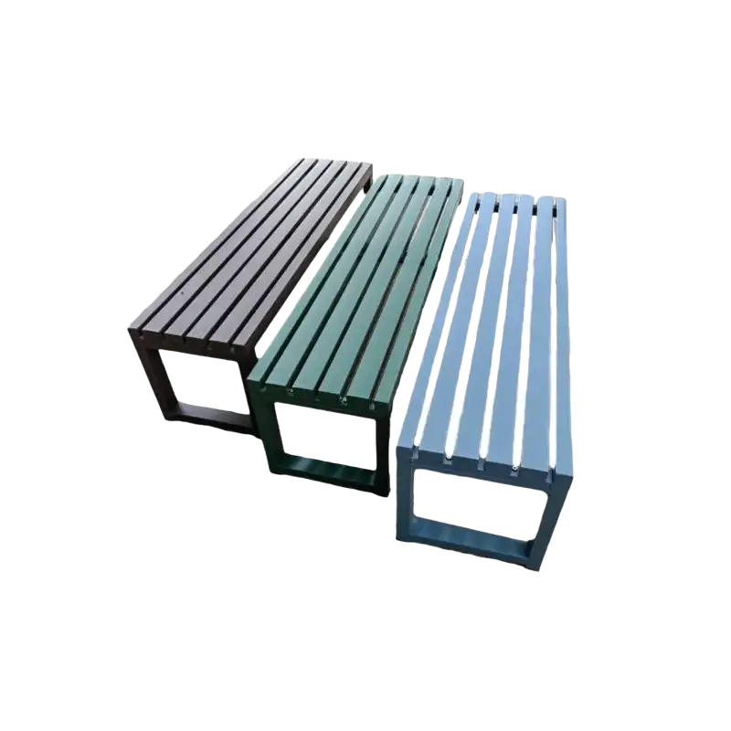 Three modern outdoor metal park benches in black green and light blue with slatted wooden seats and square frames