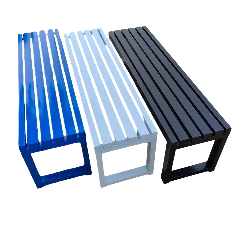 Three modern outdoor metal park benches with slatted design in vibrant blue soft gray and sleek black colors