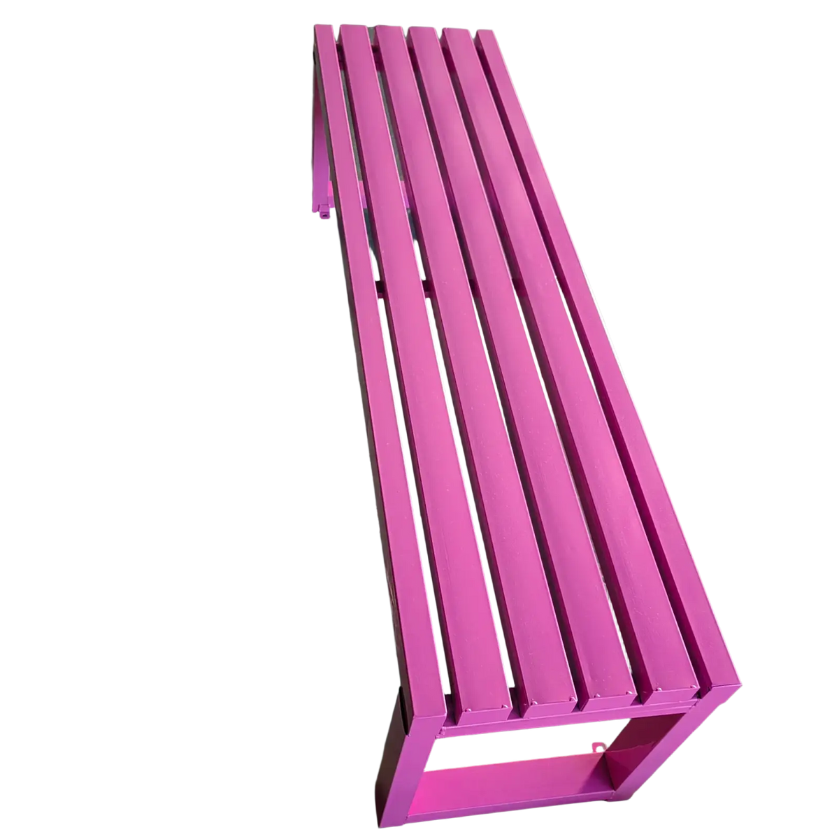 A vibrant pink modern outdoor metal park bench with slatted seating and a simple design