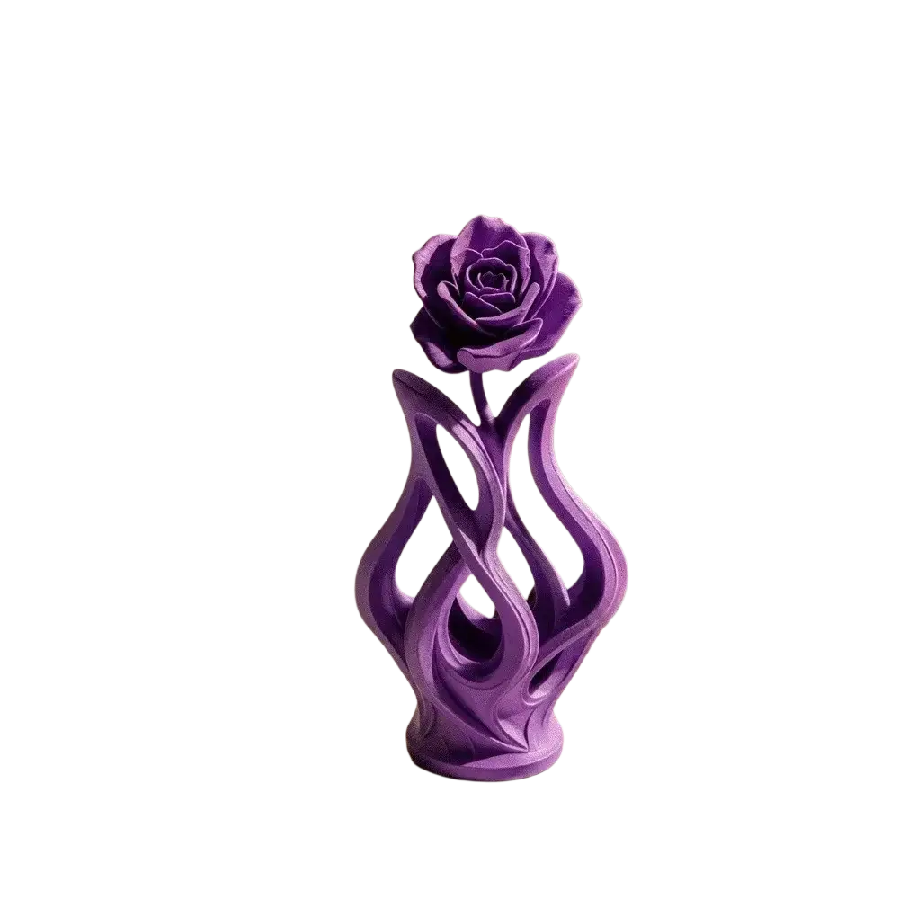 Purple modern rose sculpture figurine vase with intricate flowing openwork design for home decor use