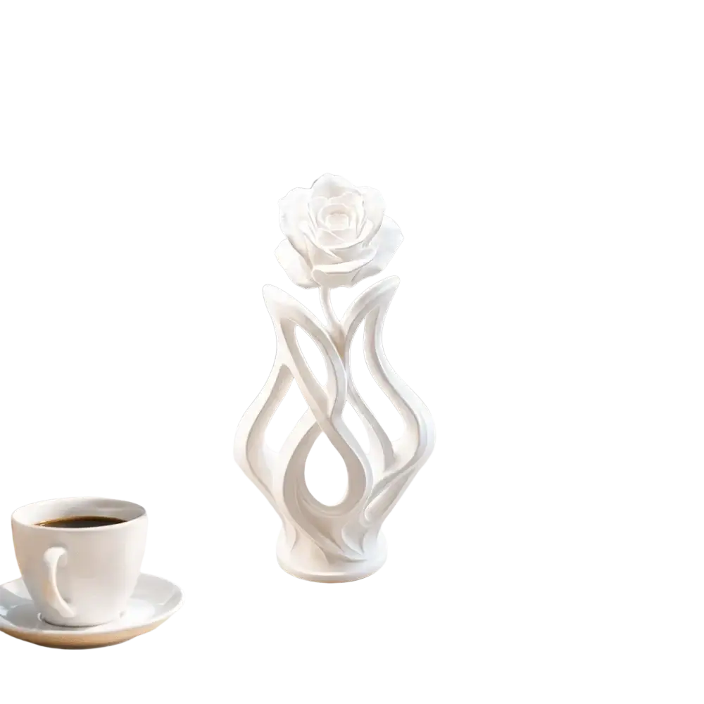 White ceramic modern rose sculpture figurine with flowing abstract stem design for home decor use
