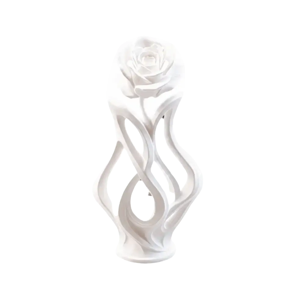 White sculptural rose vase with flowing intertwined stem design for modern home decor