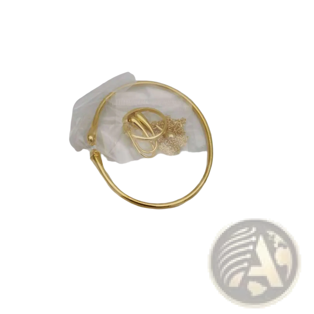 Gold-colored open hoop bracelet with delicate chain and pendant charm from modern silver teardrop jewelry set