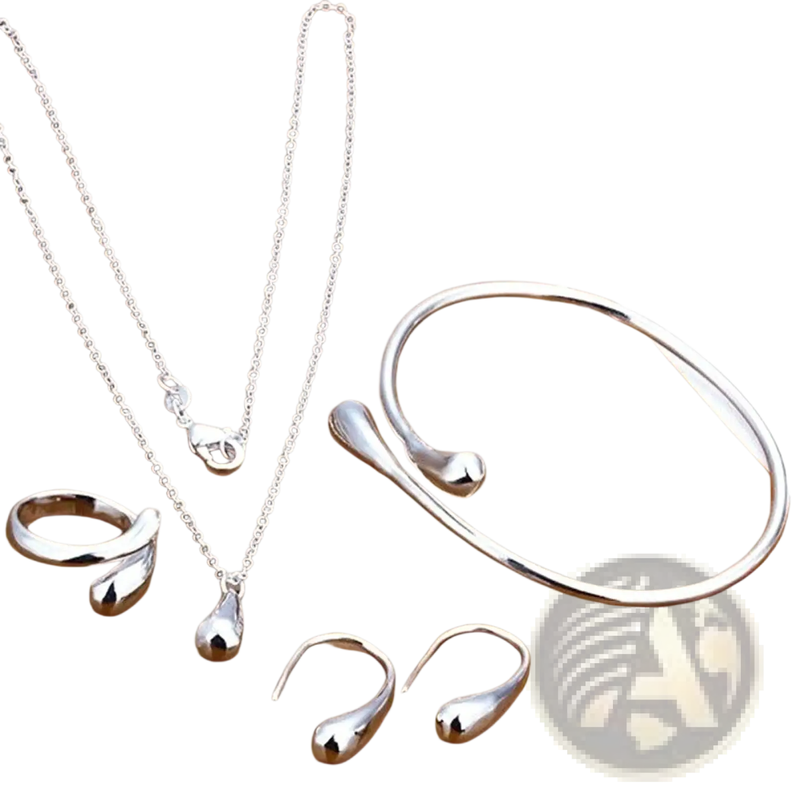 Modern silver teardrop jewelry set with sleek metallic finish including necklace bangle ring and earrings