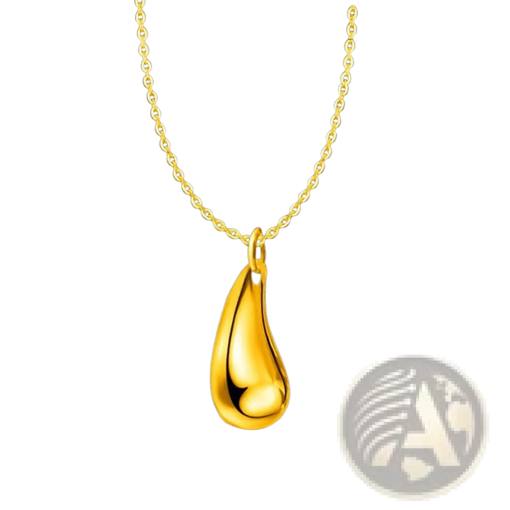 A sleek polished gold teardrop pendant hanging from a matching chain in a modern silver teardrop jewelry set