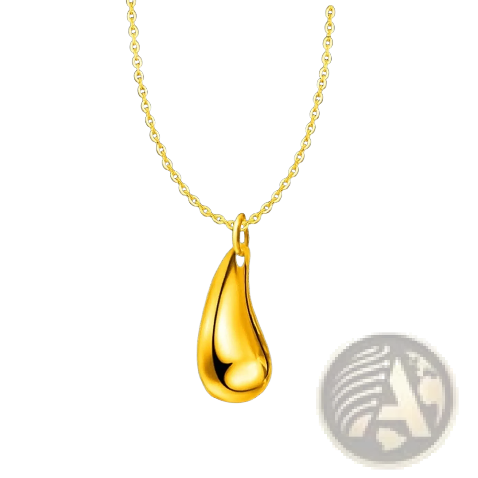A sleek polished gold teardrop pendant hanging from a matching chain in a modern silver teardrop jewelry set