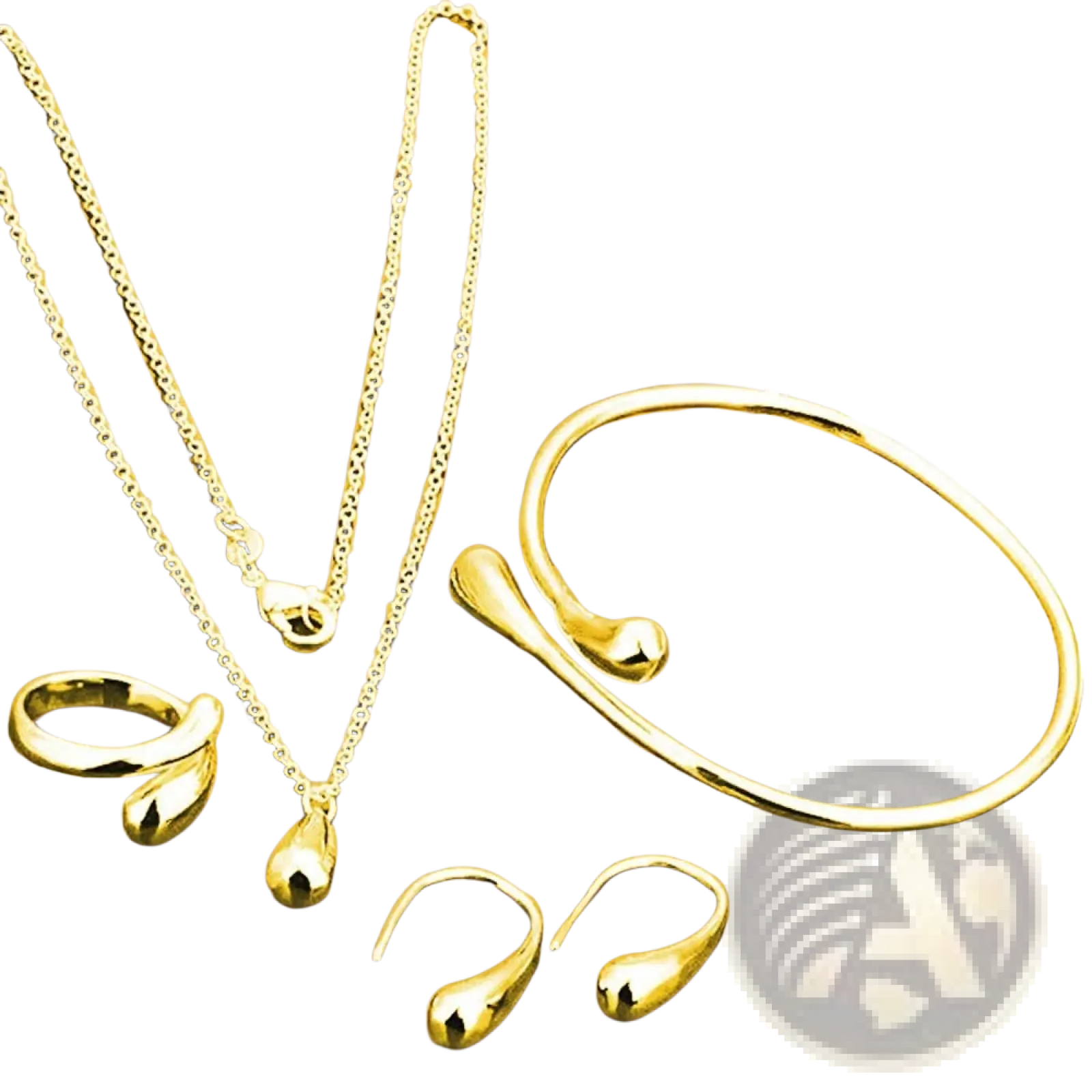 Modern silver teardrop jewelry set with gold-toned necklace bracelet ring and earrings featuring a sleek metallic finish