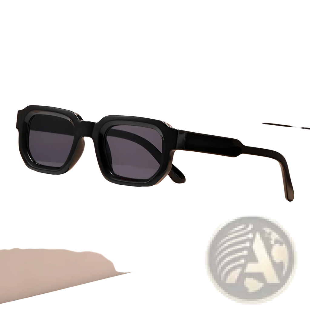 Black rectangular modern square frame retro tinted sunglasses with dark gray lenses and a sleek design