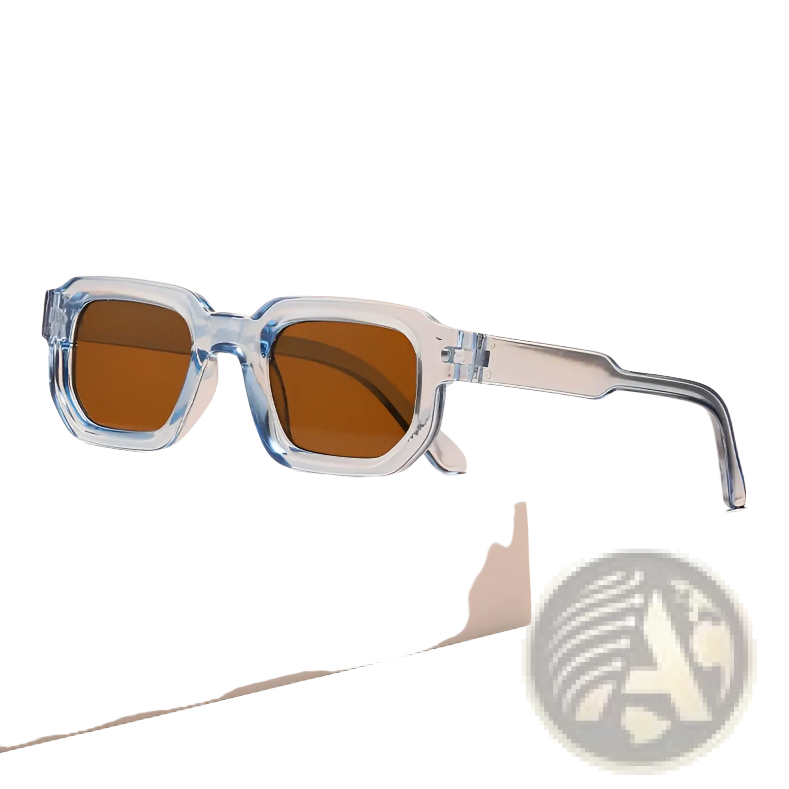 Modern square frame retro tinted sunglasses featuring clear blue-tinted rectangular frames with brown lenses