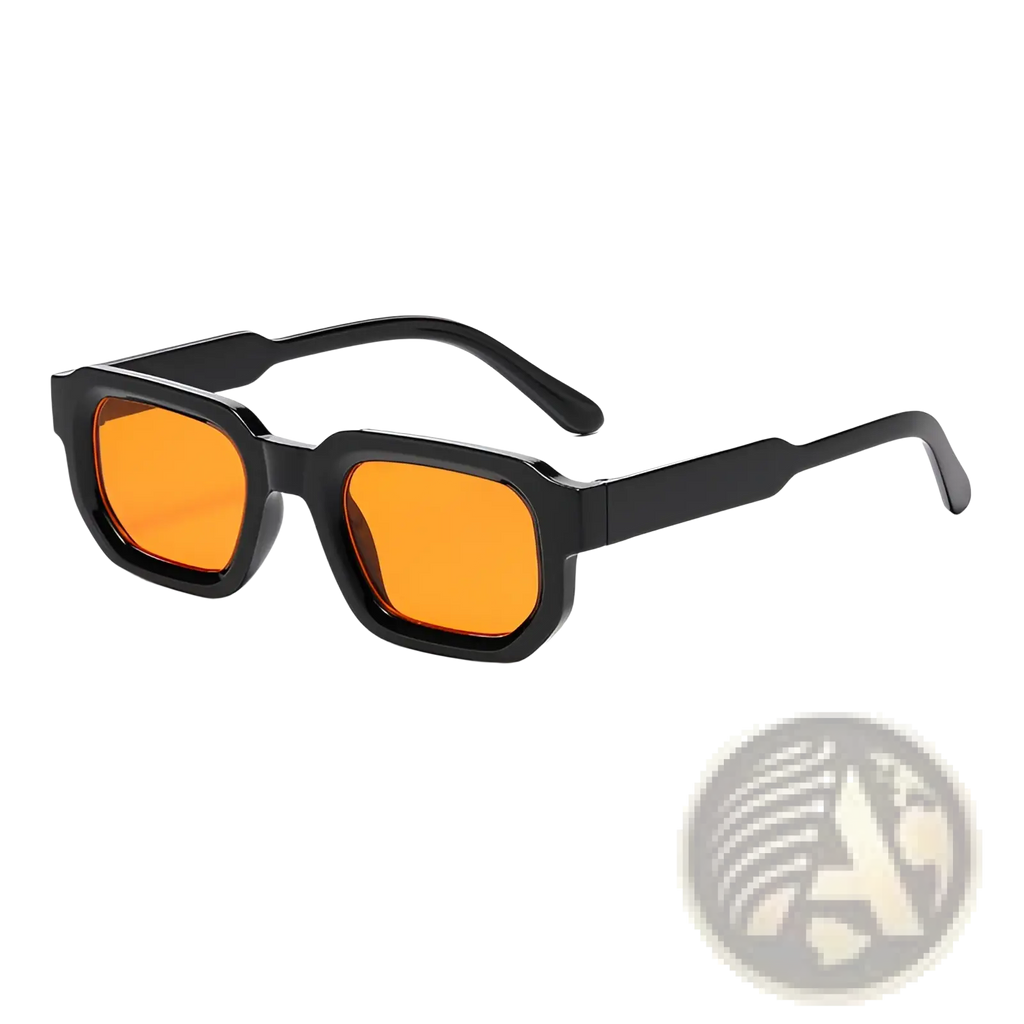Modern square frame retro tinted sunglasses with black rectangular frames and vibrant orange lenses for stylish wear
