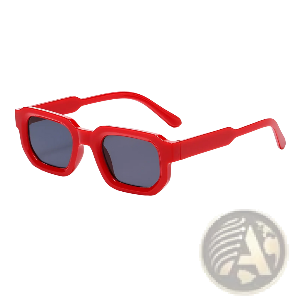 Modern square frame retro tinted sunglasses with red rectangular frames and dark gray lenses for stylish sun protection
