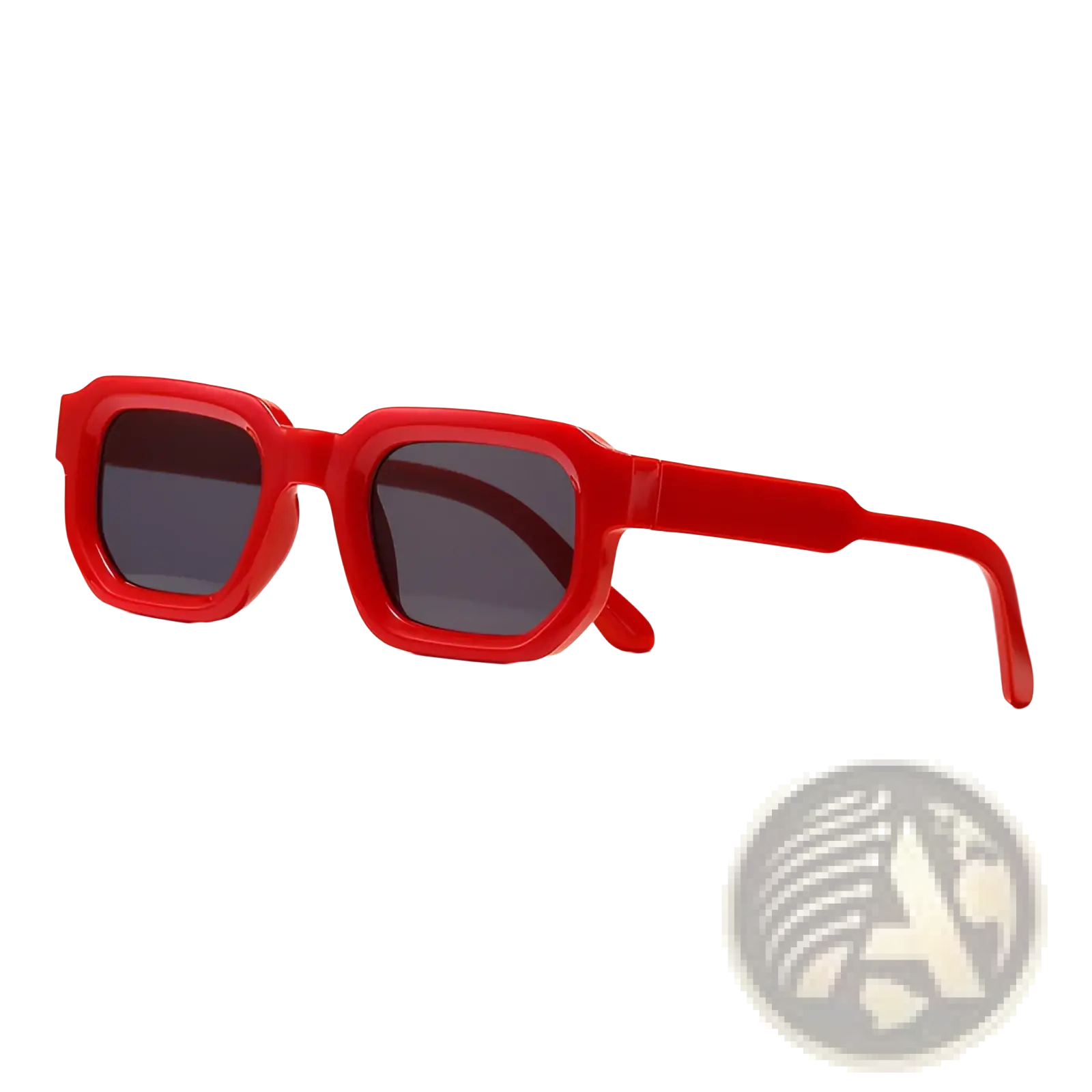 Modern square frame retro tinted sunglasses with red glossy plastic frame and dark gray lenses in a rectangular shape