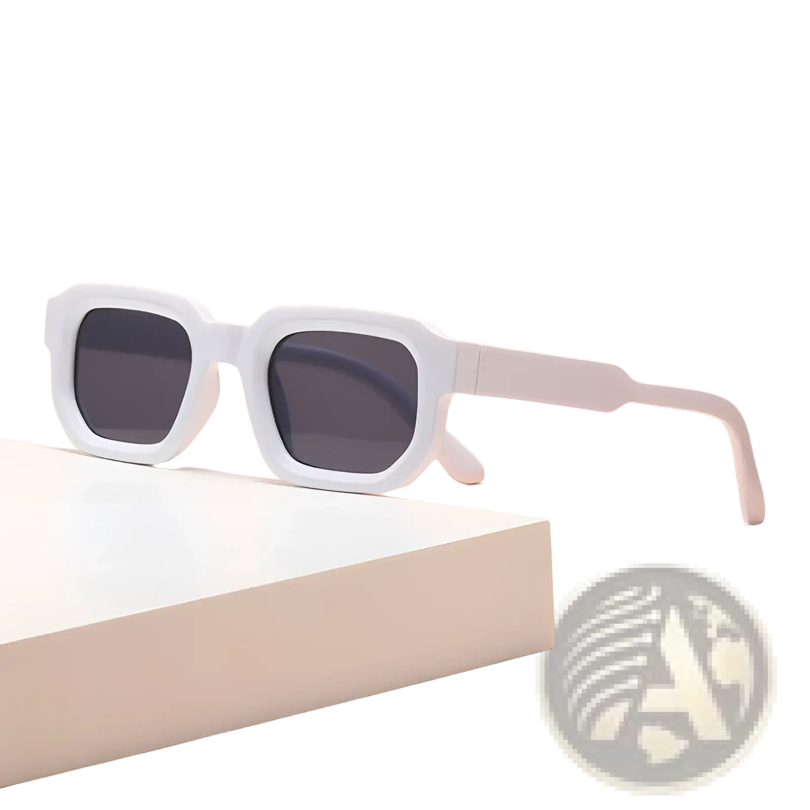 White square-framed modern retro tinted sunglasses with dark gray lenses for stylish sun protection