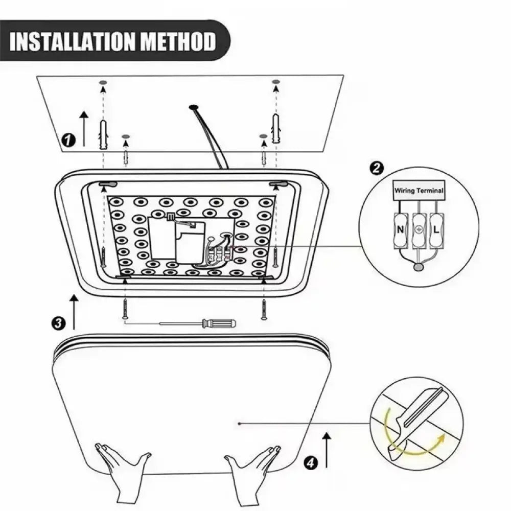Back side of modern 24w square led ceiling light with white housing and labeled wiring terminals for n and l connections