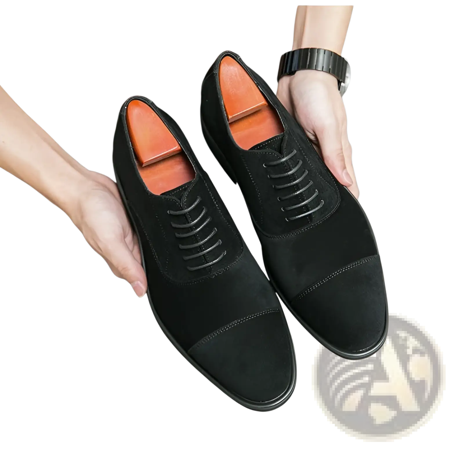 Modern suede business casual oxford shoes featuring black suede cap toe with black laces and orange insoles