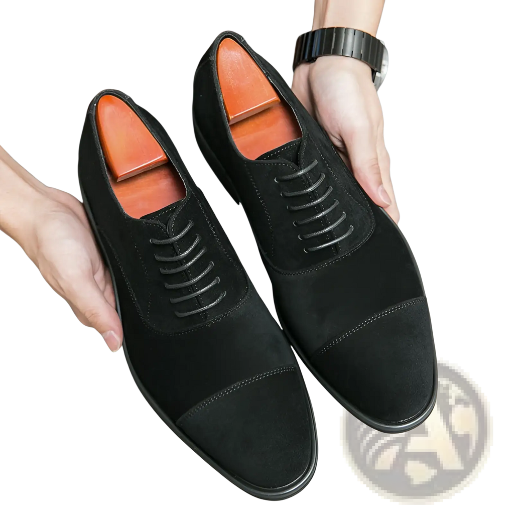 Black suede cap-toe modern business casual oxford shoes with contrasting orange insoles and black laces