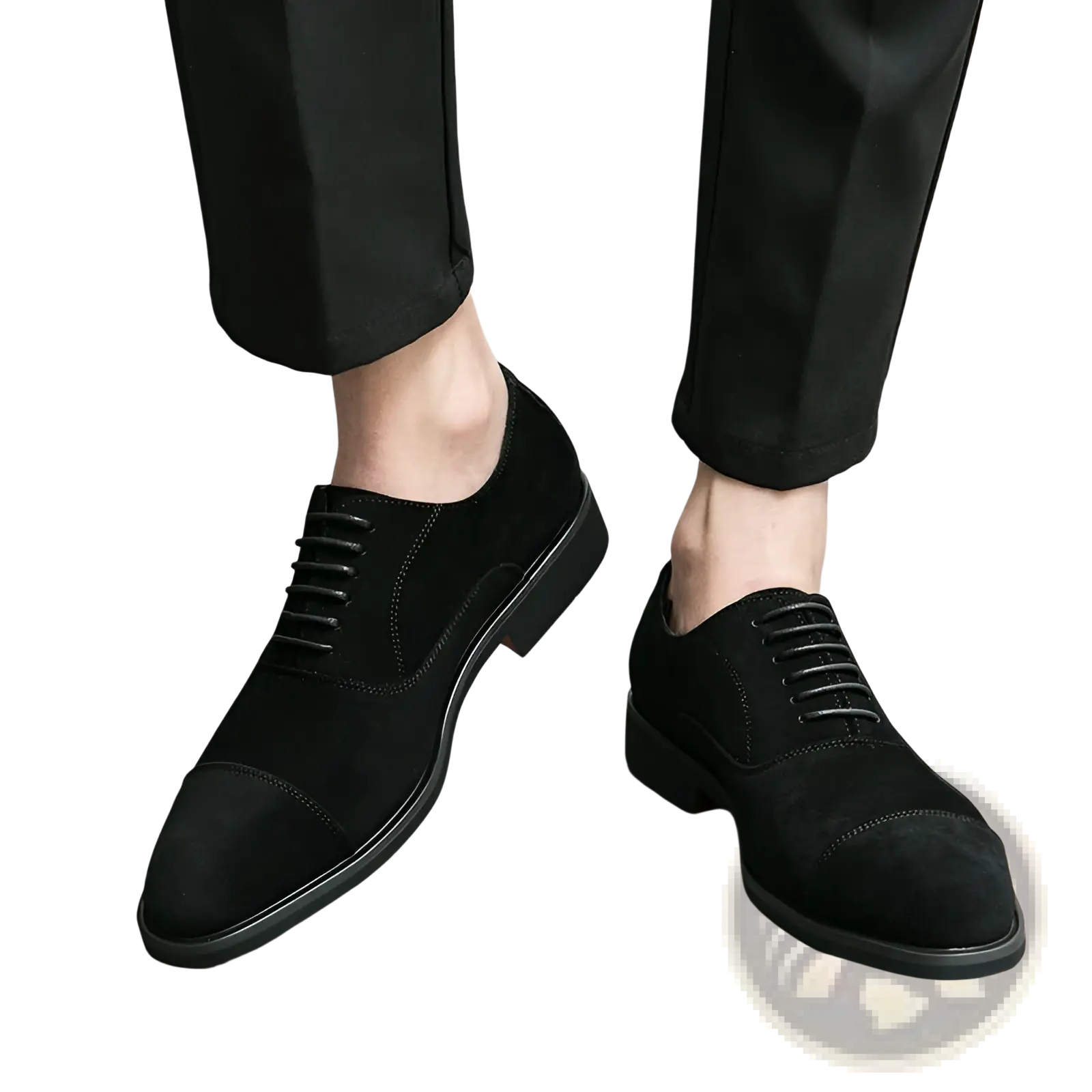 Modern suede business casual oxford shoes in black suede with cap toe lace-up design and stitched detailing