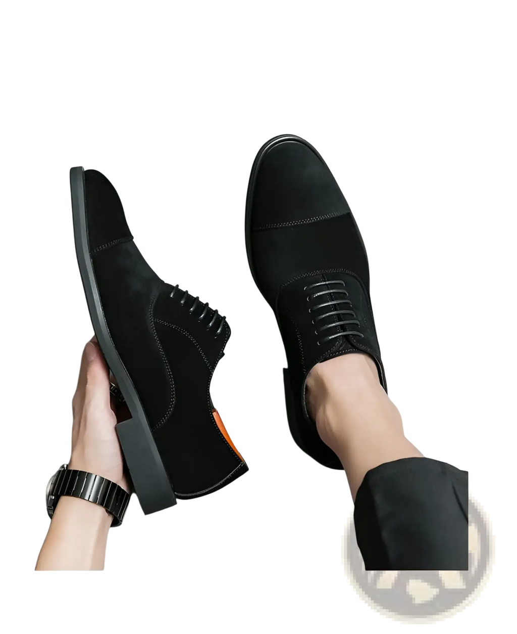Black suede lace-up oxford shoes with sleek modern design and subtle stitching for business casual wear
