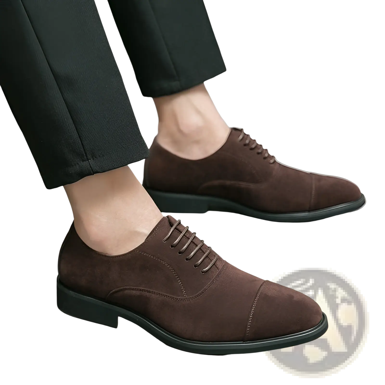 Modern suede business casual oxford shoes featuring brown suede, black rubber soles, and matching laces