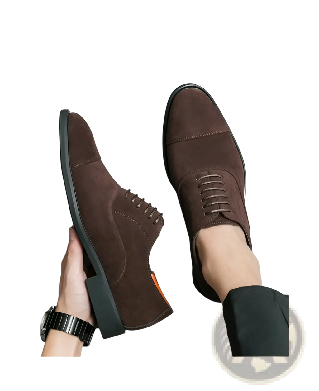 Modern suede business casual oxford shoes in brown with black rubber soles and laces for a polished look