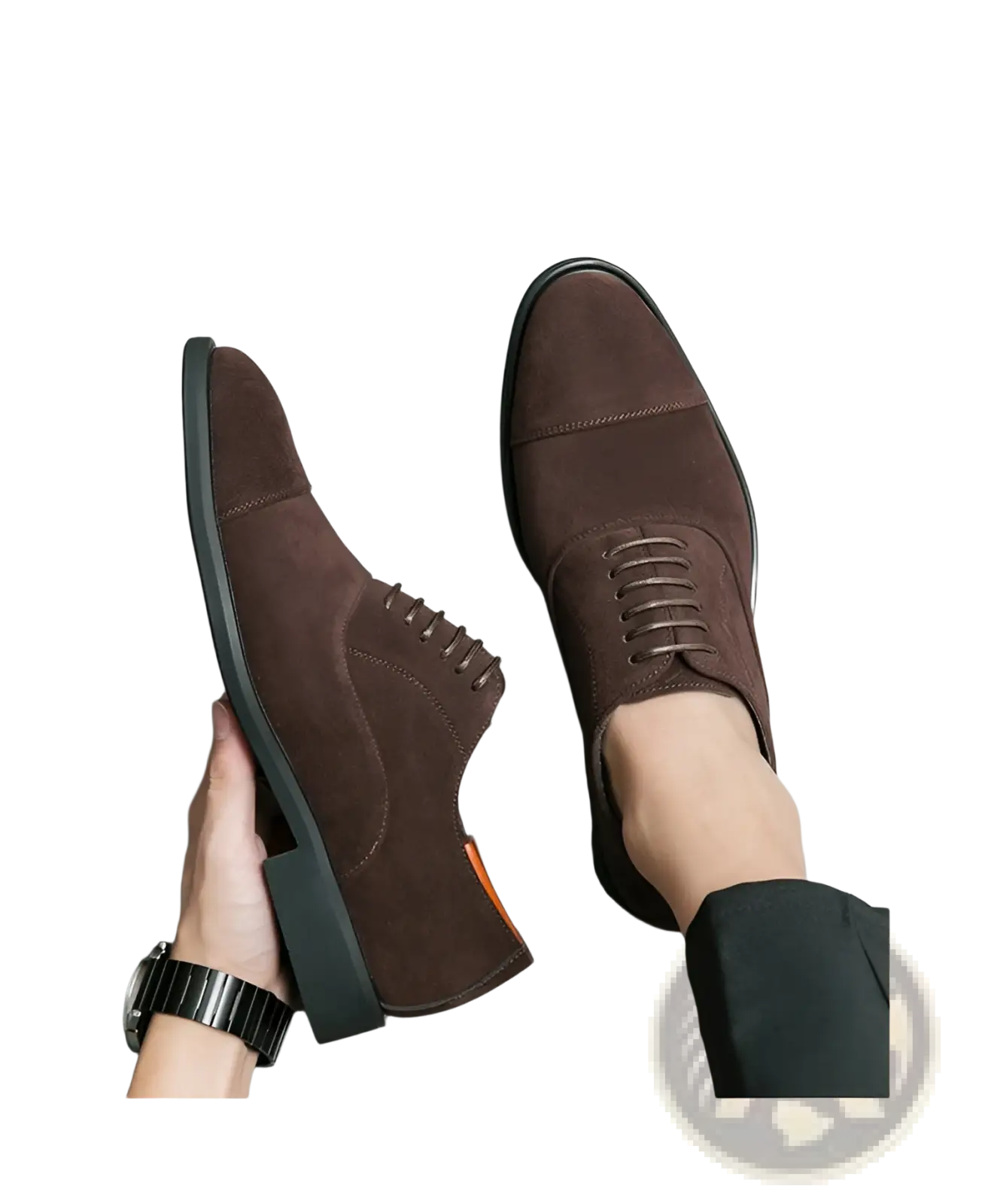 Modern suede business casual oxford shoes in brown with black rubber soles and laces for a polished look
