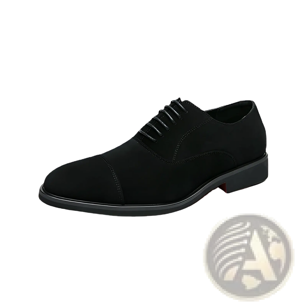 Black suede oxford shoe with classic cap-toe design and matching laces for modern business casual wear