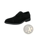 Black suede oxford shoe with classic cap-toe design and matching laces for modern business casual wear
