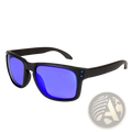 Modern uv400 polarized sport sunglasses with black frames vibrant blue mirrored lenses and silver rivets on temples