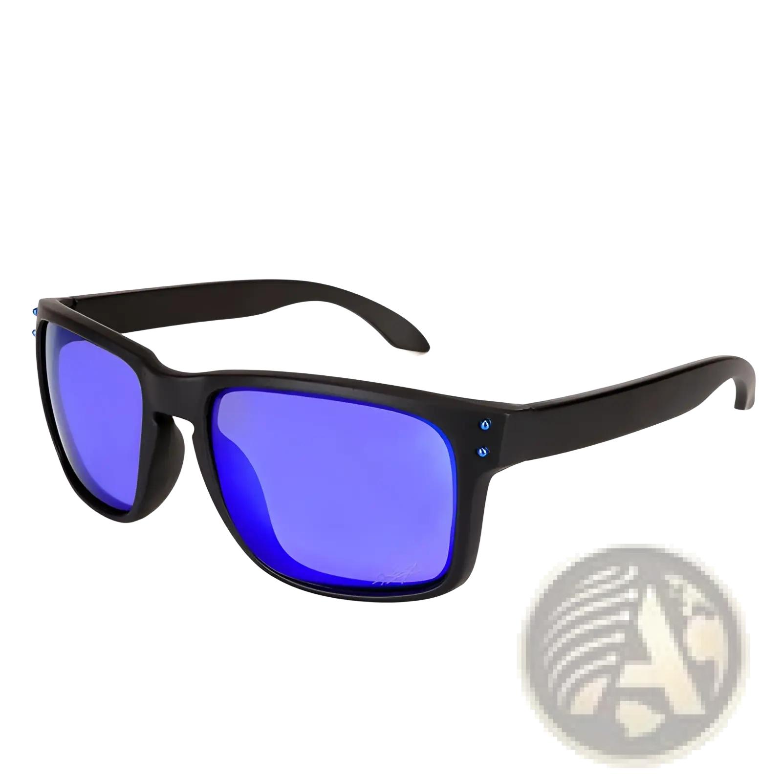 Modern uv400 polarized sport sunglasses with black frames vibrant blue mirrored lenses and silver rivets on temples