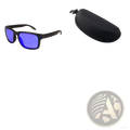 Modern uv400 polarized sport sunglasses with black frames and vibrant blue mirrored lenses beside a black textured case