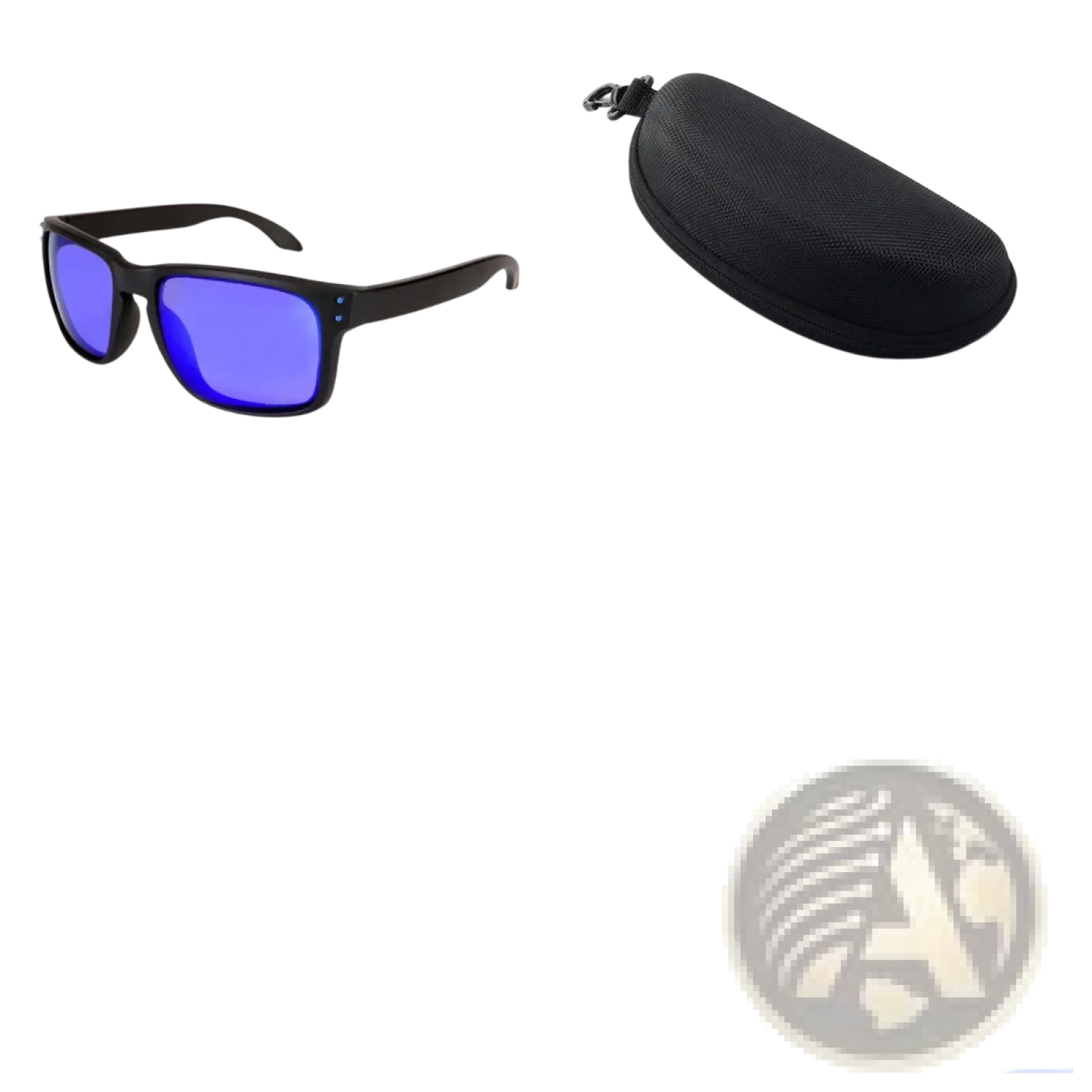 Modern uv400 polarized sport sunglasses with black frames and vibrant blue mirrored lenses beside a black textured case