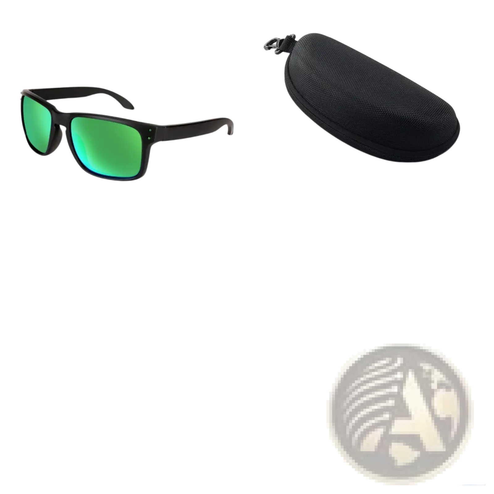 Black-framed modern uv400 polarized sport sunglasses with vibrant green mirrored lenses and matching protective case