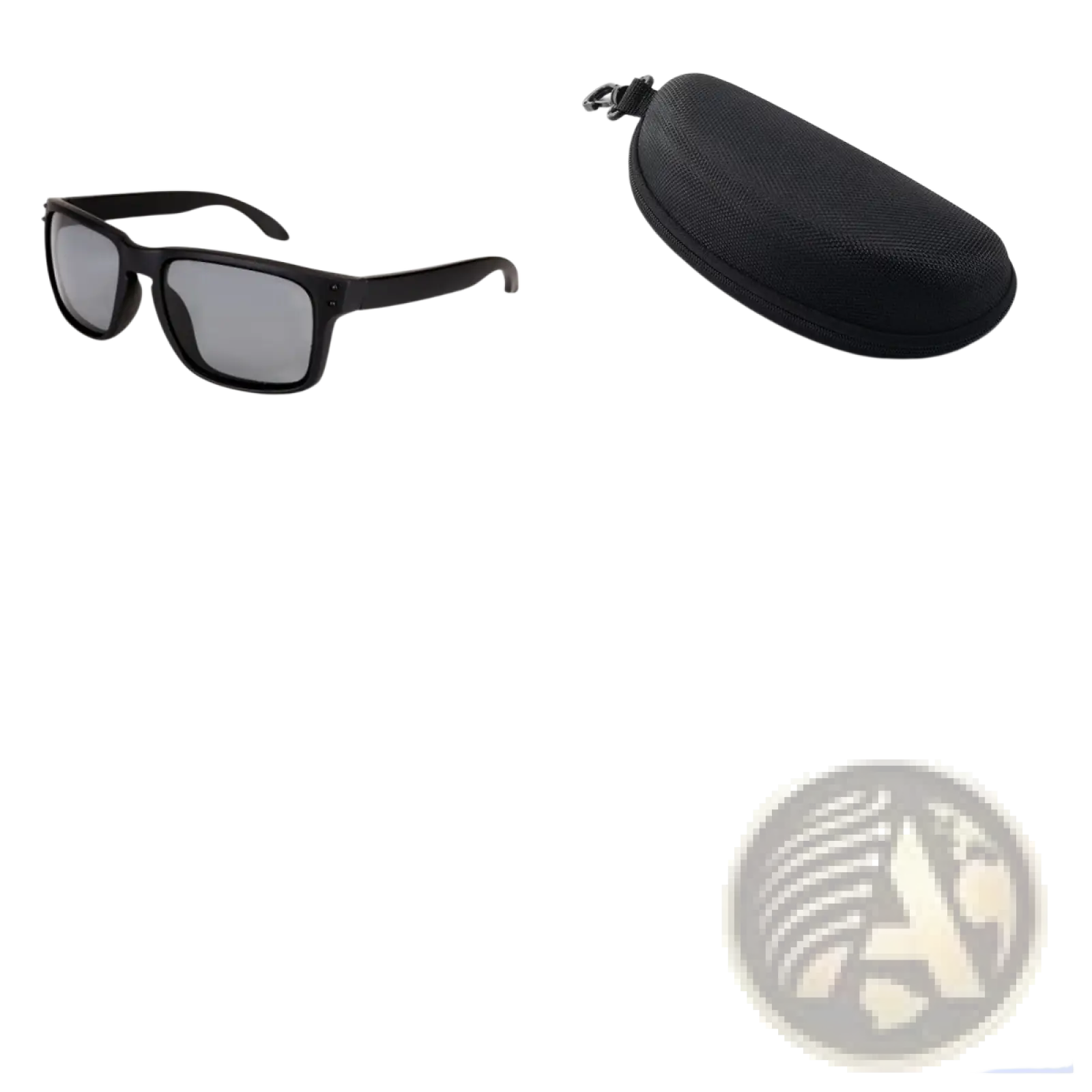 Modern UV400 polarized sport sunglasses with black rectangular frames dark gray mirrored lenses and black hard case