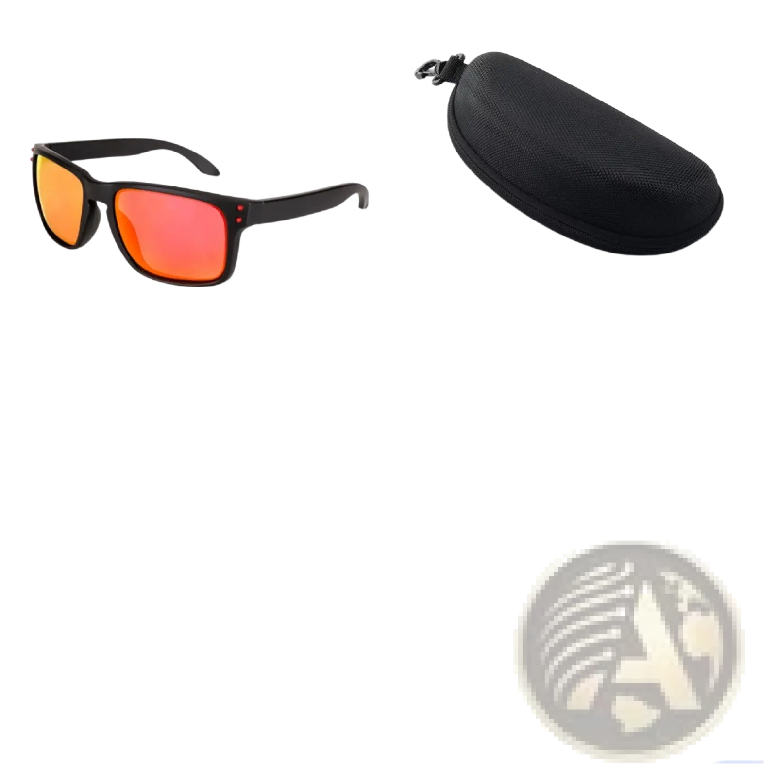 Modern uv400 polarized sport sunglasses with black frames and gradient orange red mirrored lenses beside black hard case