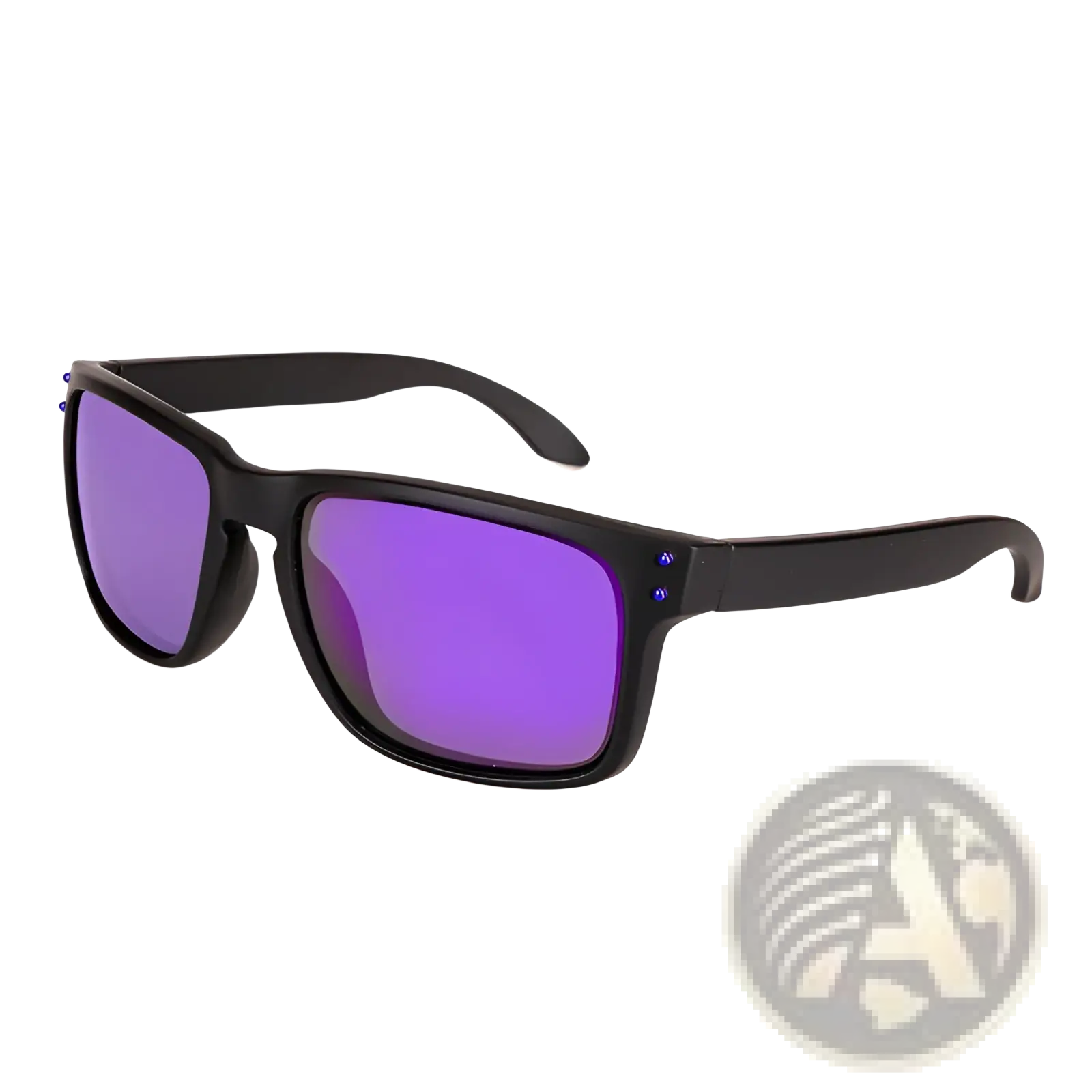 Black-framed modern UV400 polarized sport sunglasses with vibrant purple mirrored lenses and blue accent beads on temples