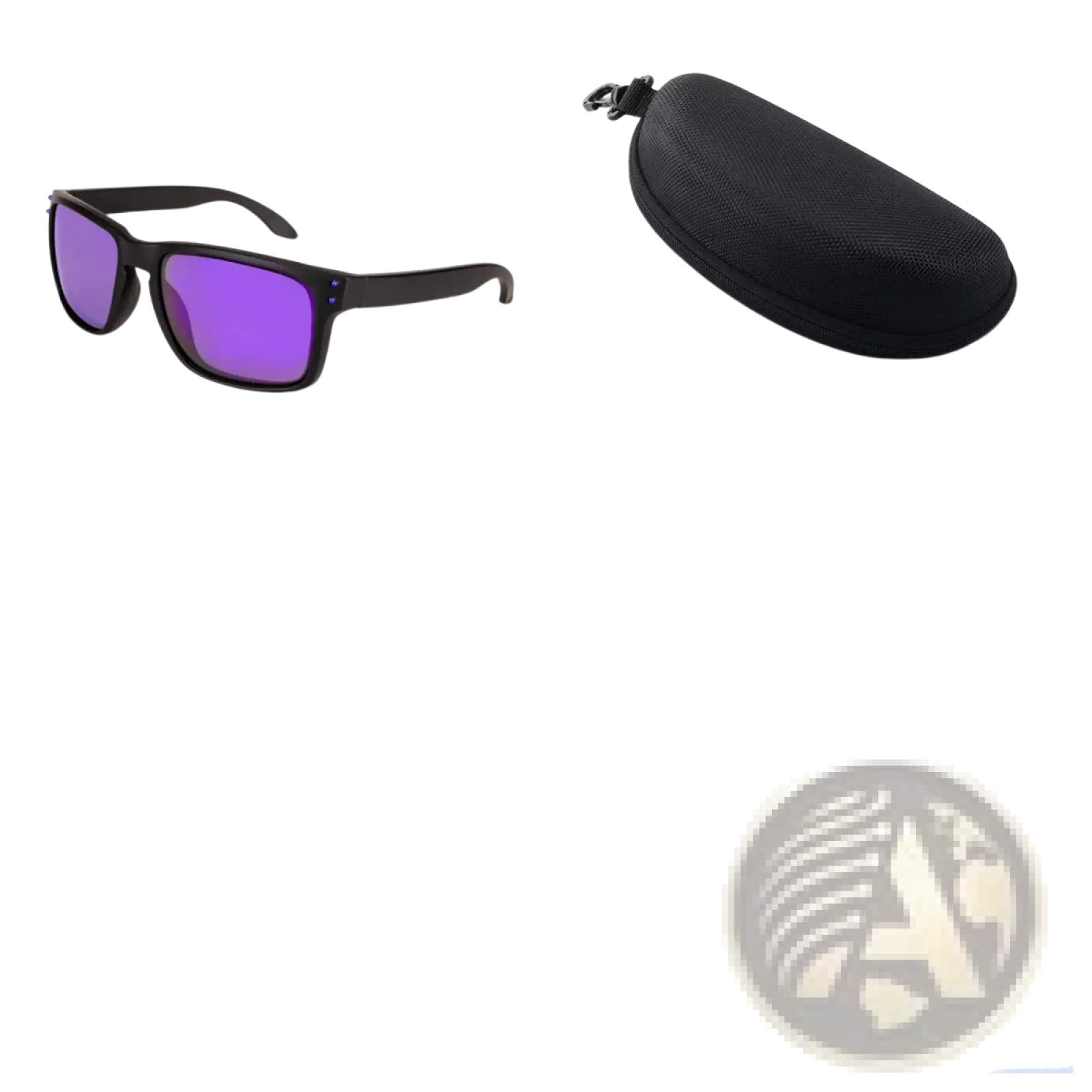 Modern uv400 polarized sport sunglasses with black frames and vibrant purple mirrored lenses next to a matching black case
