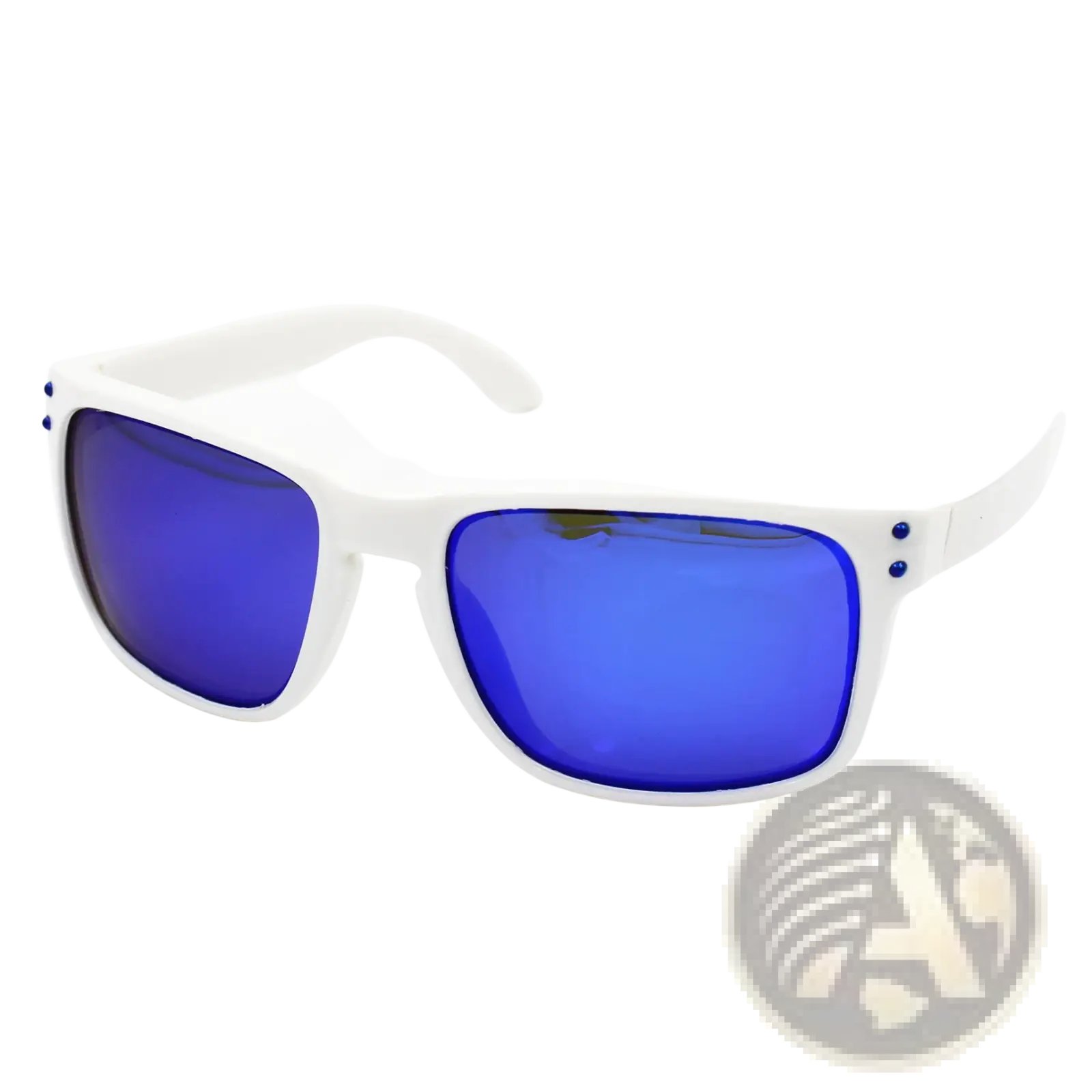 Modern uv400 polarized sport sunglasses with white frames vibrant blue mirrored lenses and blue accent dots on temples