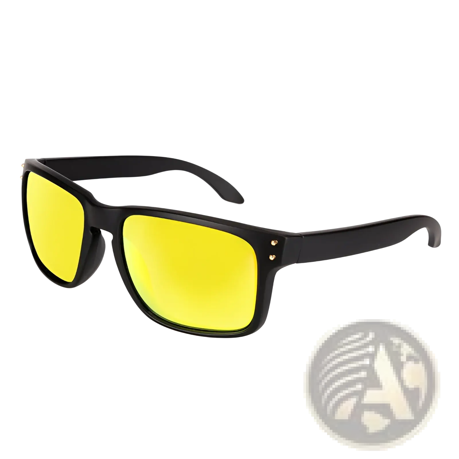 Modern uv400 polarized sport sunglasses with black frames yellow mirrored lenses and gold-tone screws at temple hinges