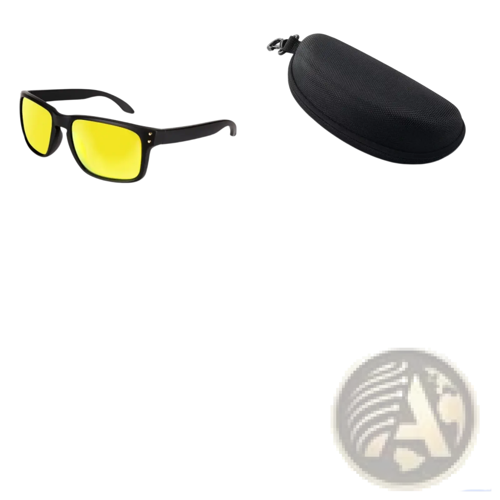 Modern uv400 polarized sport sunglasses with black frames yellow mirrored lenses and matching black textured hard case