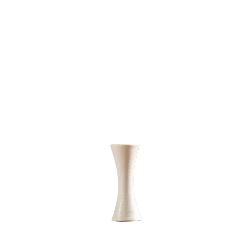 A sleek modern white ceramic vase with a slender hourglass shape and subtle textured surface for floral decor