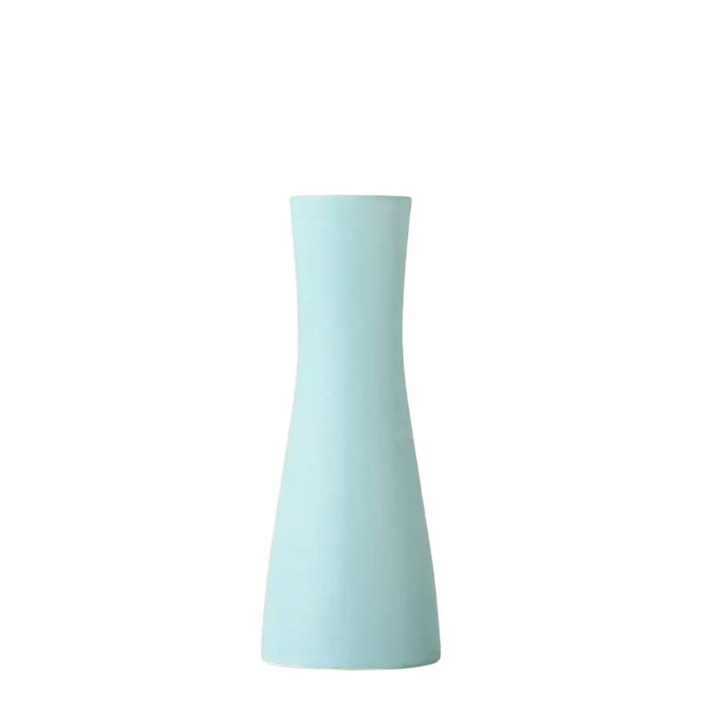 A sleek light blue ceramic vase with slender flared silhouette and glossy finish for modern white ceramic decor